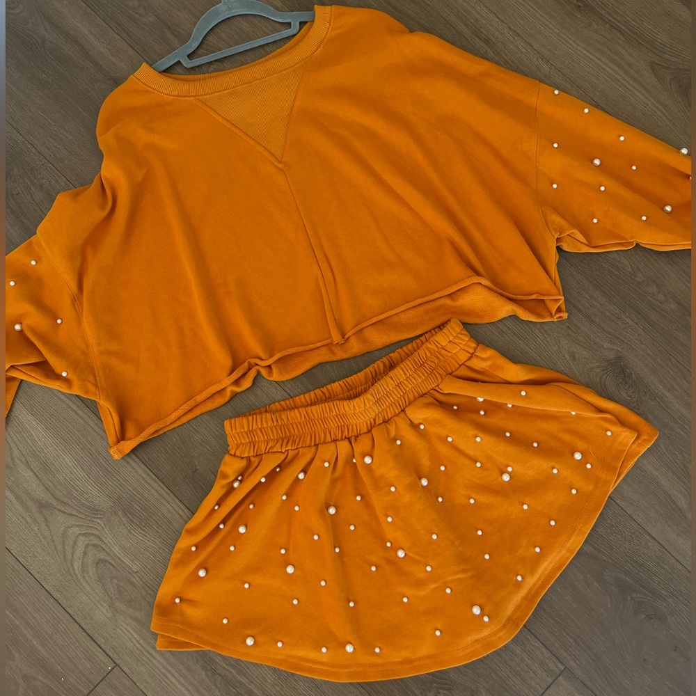 Orange Two-Piece Set with Pearl Accents